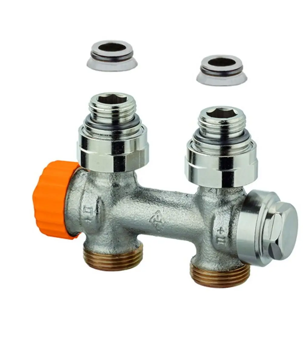 Heimeier Ventil mit zwei Anschlüssen, einem orangefarbenen Drehknopf und zwei metallischen Aufsätzen. Produkt von IMI Hydronic Engineering, für Heizungsinstallationen geeignet.